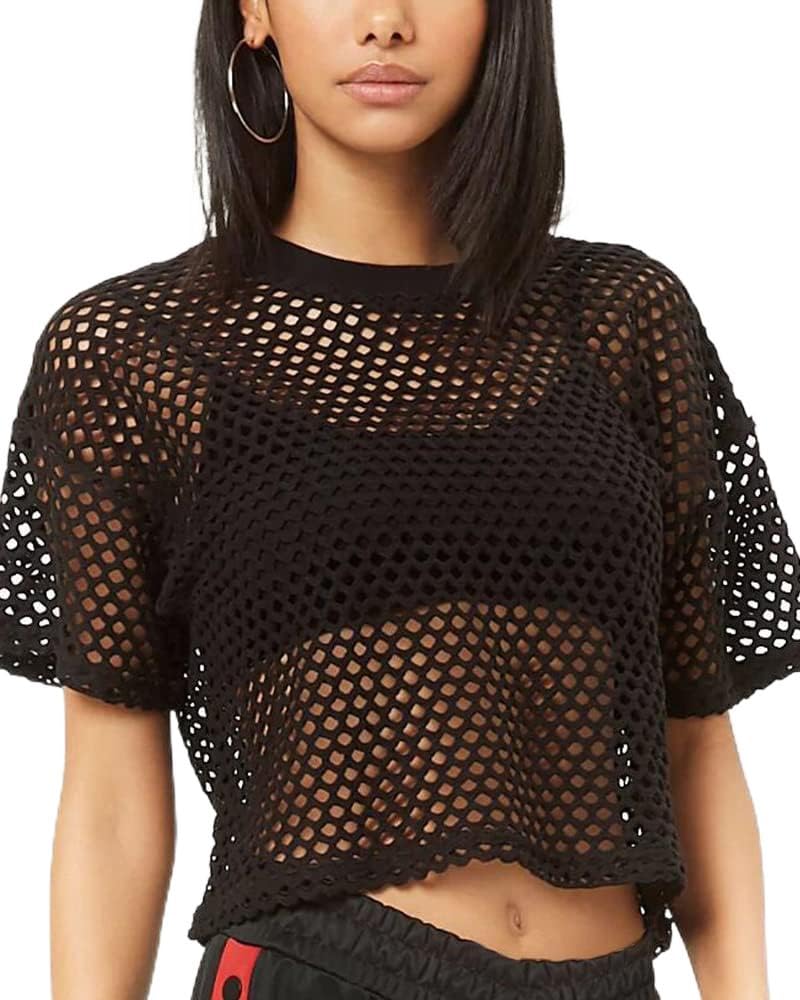CLOZOZ Women's Mesh Crop Top See Through Fishnet Shirt Short Sleeve Crew Neck Sheer Cover Up - Image 1